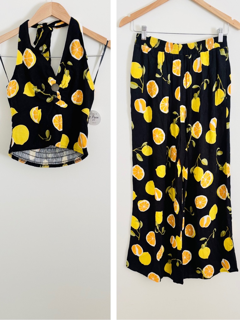 NWT Sienna Sky Halter Top and Wide-Leg Pants Two-Piece Set In Lemon Print